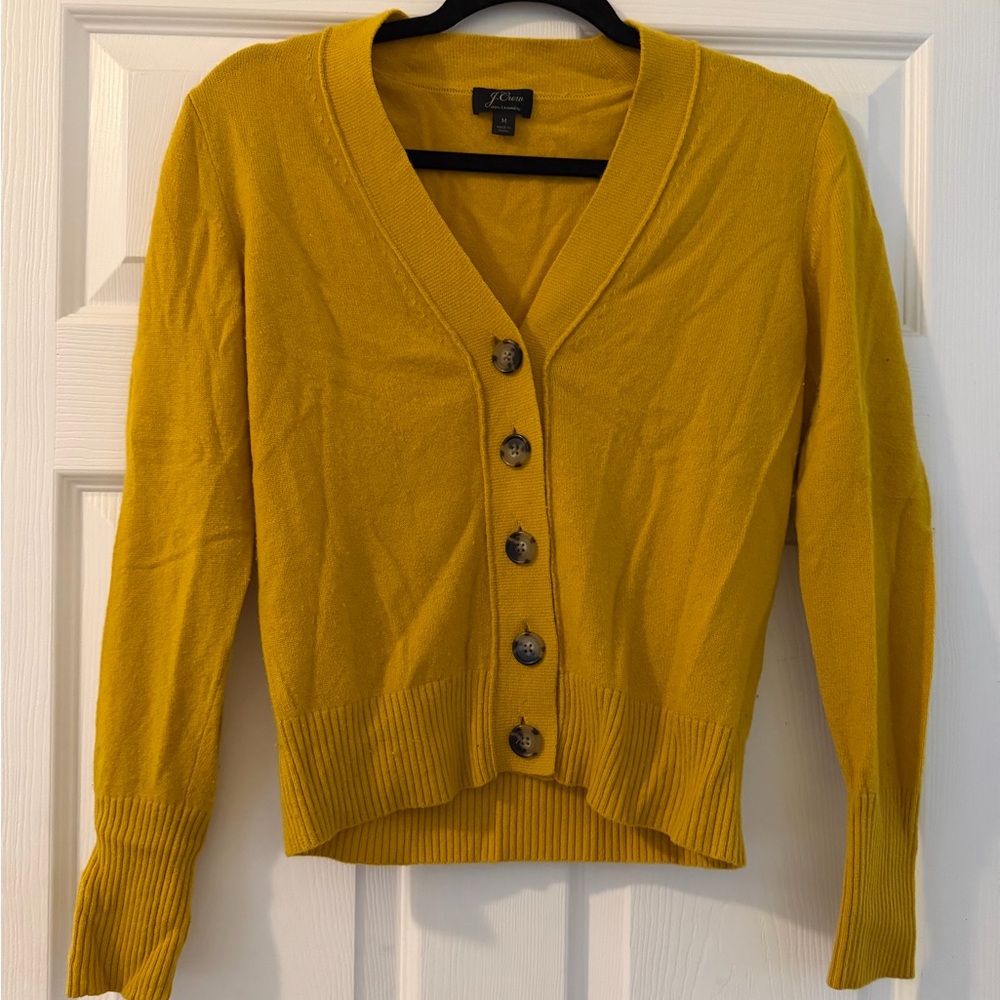 J. Crew 100% cashmere Mustard Yellow V-Neck Button Cardigan